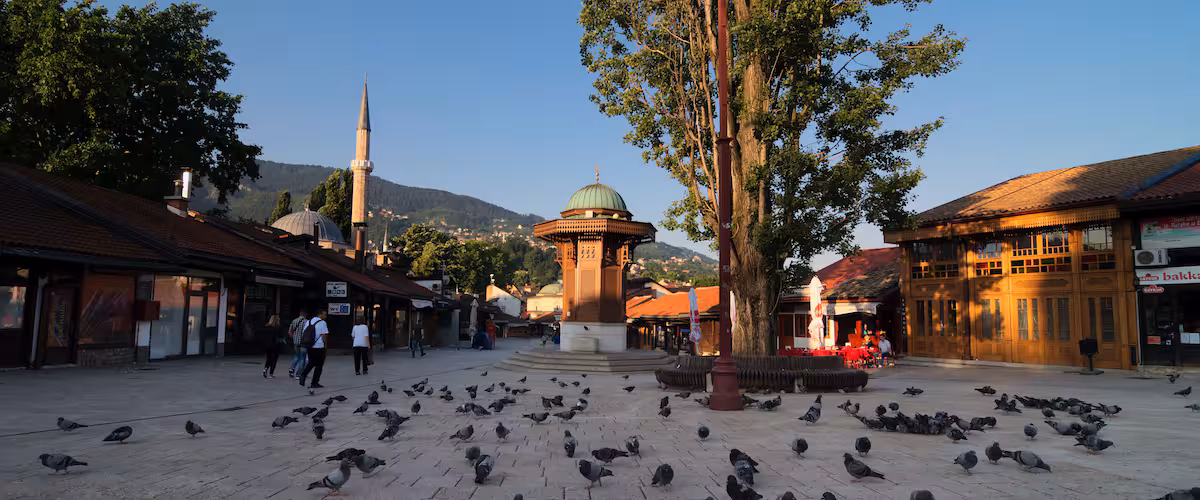 The historic Baščaršija bazaar in Sarajevo at dusk